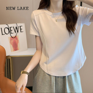 NEW LAKE不规则短款短袖t恤女夏季正肩鱼骨纹半袖体恤韩版纯色打底上衣服