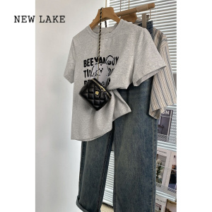 NEW LAKE火の基础款!纯棉正肩短袖t恤女活泼减龄设计感小众不撞款上衣