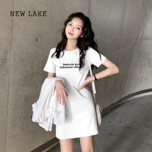 NEW LAKE韩版时尚纯棉T恤裙连衣裙女夏季2024新款宽松印花短袖中长款上衣