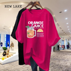 NEW LAKE火龙果色T恤女中长款短袖纯棉2024夏季新款欧货大版宽松上衣ins潮