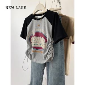 NEW LAKE设计感小众纯棉插肩短袖t恤女夏季宽松短款下摆抽绳大码胖mm上衣