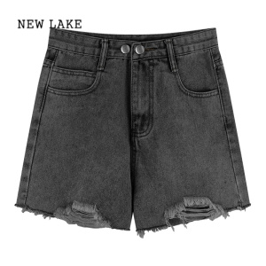 NEW LAKE美式短裤女夏季2024新款破洞高腰裤子显瘦宽松阔腿a字牛仔热裤