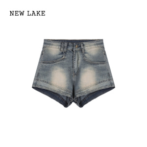 NEW LAKE美式复古辣妹裤子蓝色水洗做旧牛仔裤女夏季高腰显瘦热裤短裤潮