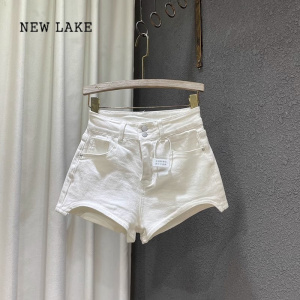 NEW LAKE2024夏季新款修身显瘦高腰白色不规则牛仔短裤女辣妹a字阔腿热裤