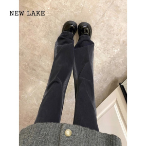 NEW LAKE大码女装直筒黑色牛仔裤春季新款高腰微喇裤胖mm显瘦拖地长裤子潮