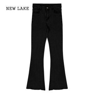 NEW LAKE毛边微喇裤黑色牛仔裤女春季2024新款长裤修身高腰小个子喇叭裤子
