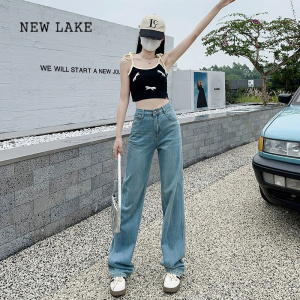 NEW LAKE复古蓝阔腿垂感拖地牛仔裤女2024春季新款显高显瘦高腰小个子穿搭