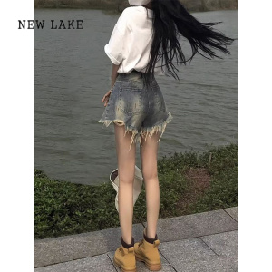 NEW LAKE辣妹做旧牛仔短裤女夏季新款高腰宽松阔腿显瘦显腿长毛边热裤子潮