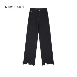 NEW LAKE美式复古破洞牛仔裤女小个子春夏宽松直筒设计感小众显瘦阔腿裤子