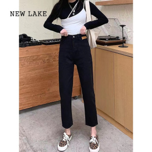 NEW LAKE黑色渐变直筒牛仔裤女春秋2024新款设计感美式复古毛边阔腿裤