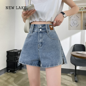 NEW LAKEa字开叉牛仔短裤女夏季薄款2024年新款设计宽松阔腿显瘦高腰裤子