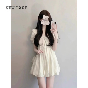 NEW LAKE法式白色泡泡袖连衣裙子女夏季高级感气质收腰显瘦小个子仙女短裙