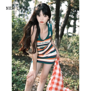 NEW LAKE韩版高级感撞色条纹针织连衣裙女夏季修身显瘦高级感休闲百搭裙子