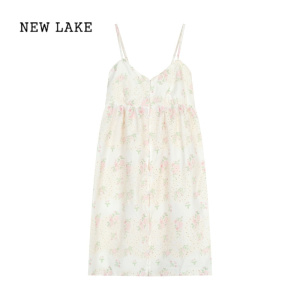 NEW LAKE甜美风花朵印花镂空吊带连衣裙女夏季气质减龄A字裙短裙