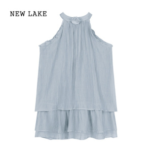 NEW LAKE蓝色立体花朵无袖挂脖连衣裙女夏季茶歇法式温柔风宽松a字短裙子