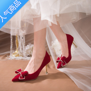 SUNTEK红色婚鞋春季女秀禾服新娘鞋2023年新款中式小众不累脚结婚高跟鞋