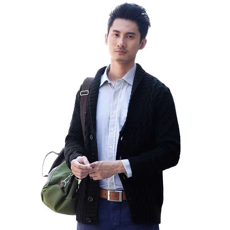 诠渡良品男装潮流外套保暖修身开衫毛衣81456（黑色/XL）