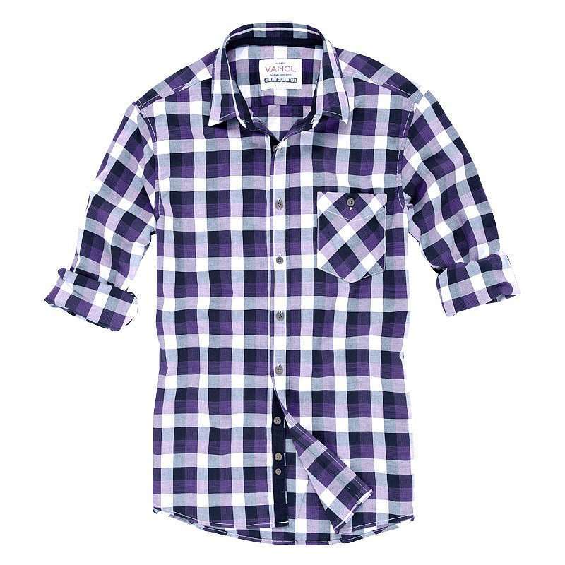 VANCL凡客诚品 轻柔水洗彩格衬衫 紫黑白格 XXL