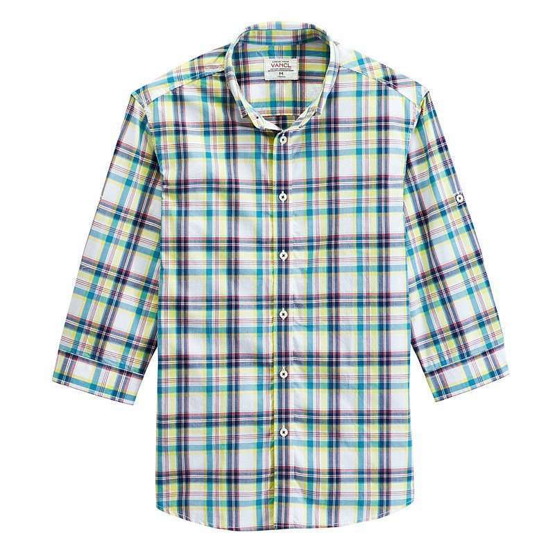 VANCL凡客诚品 炫彩简约七分袖衬衫 明黄蓝格纹 XL