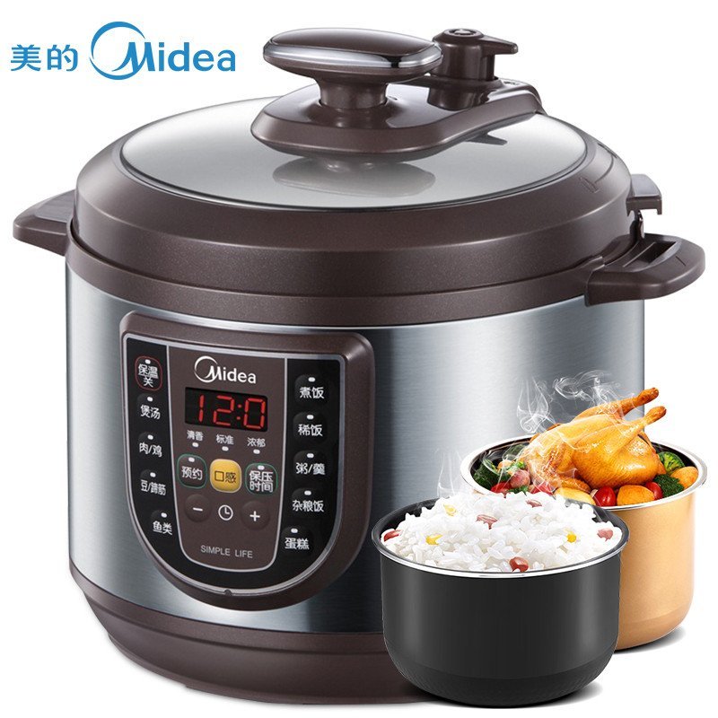 美的（Midea）W12PCS505E一锅双胆智能预约微电脑式5L电压力锅 棕色