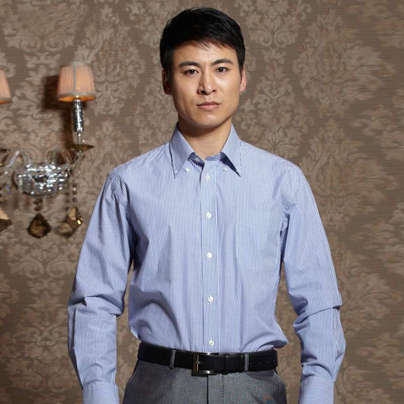 HODO红豆男装商务休闲纯棉条纹淡雅长袖衬衫HDECS2738(B01蓝竖条纹175/92A)