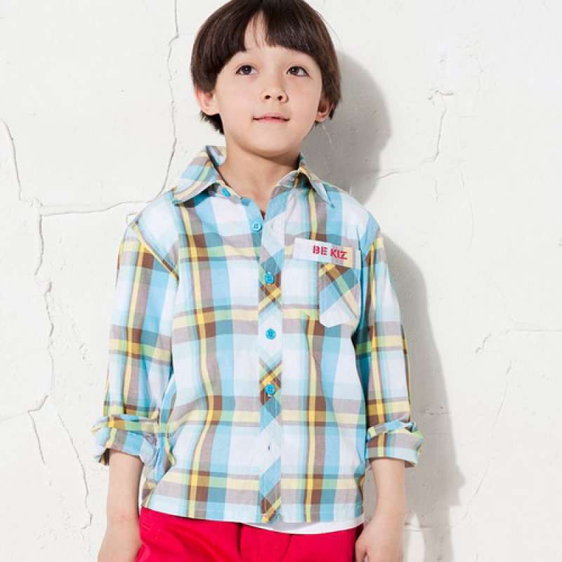 童壹库纯棉男童长袖格子衬衫男童长袖格子衬衫KSCF025101亮蓝格150