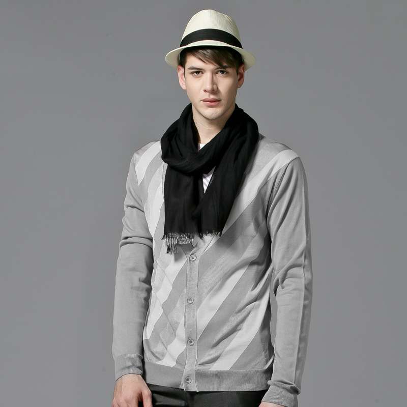 GXG 男士时尚条纹休闲开襟衫#11130310（灰色/L）