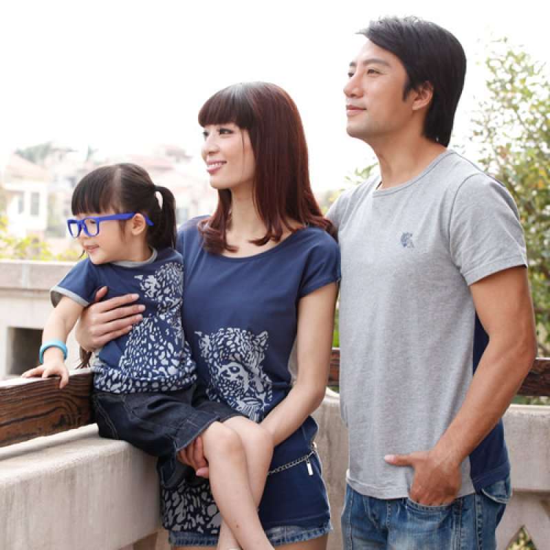 爱湾宝蓝灰圆领印花T恤亲子男装M码