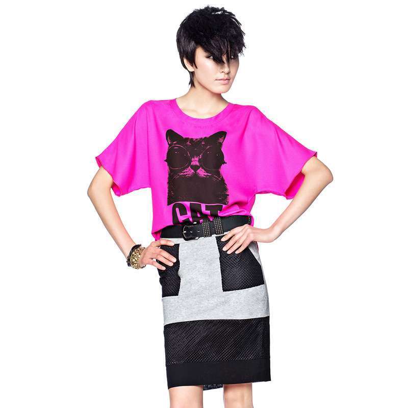 七格格 女装OTHERMIX夏装韩版可爱猫咪印花宽松短袖雪纺T恤3MA2122X（玫红/S）