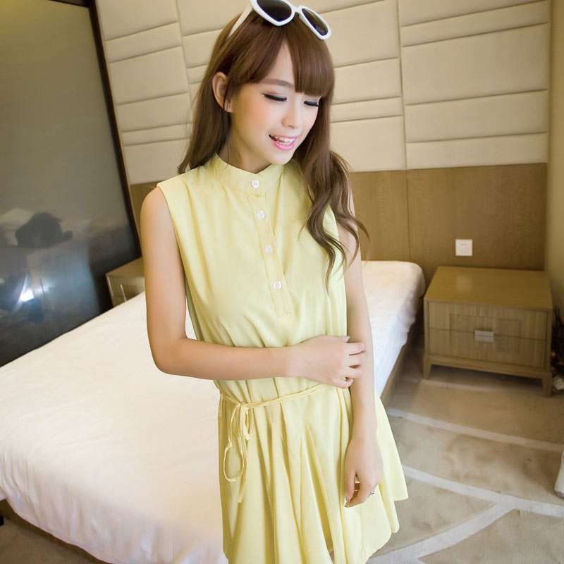 伊薇瑞 纯色上衣无袖甜美连衣裙（配腰带）（黄色/L)