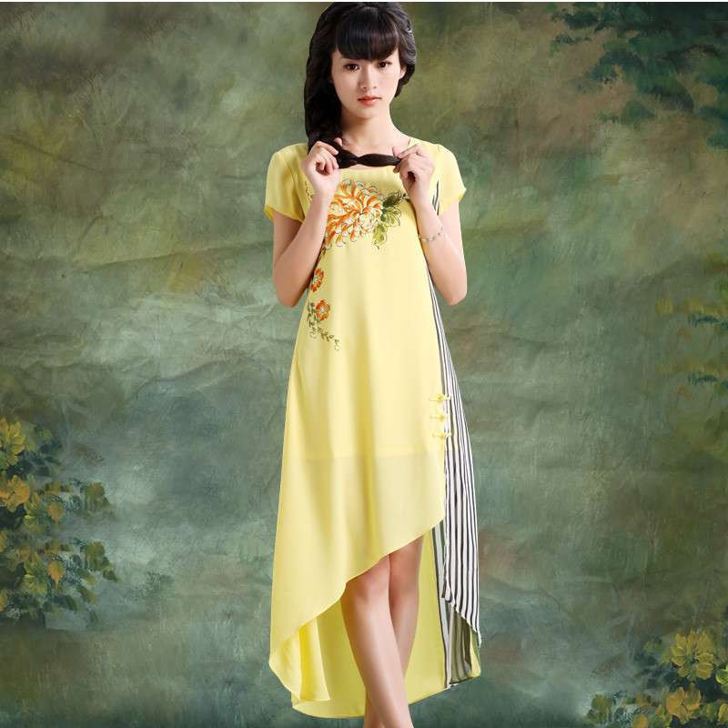 蝶恋 2013夏装新款女装 复古撞色拼接长裙短袖雪纺连衣裙 30648 黄色 L