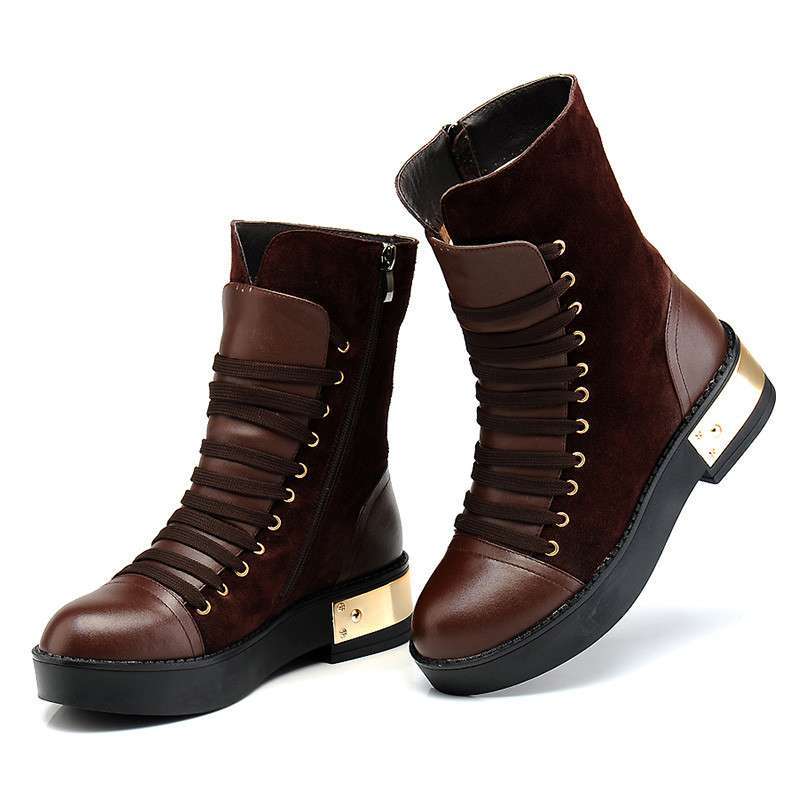 aolun/澳伦女靴 新品真皮拼接马丁靴 秋冬靴子 中筒女鞋 系带女靴子