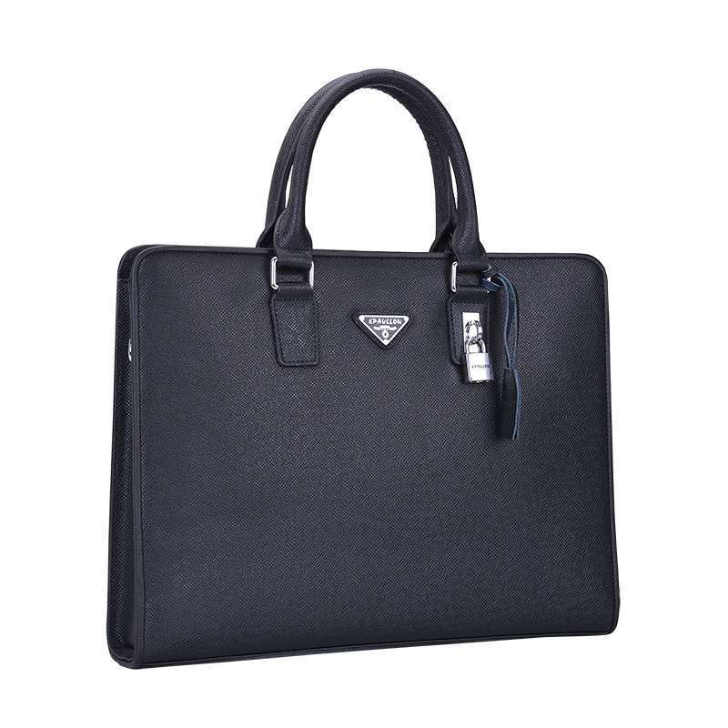 Kpaullon/卡普伦 新款 男士牛皮手提包 进口蛇纹牛皮电脑包 商务休闲公文包 8626-1 黑色