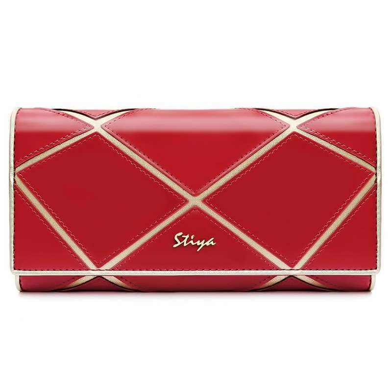 斯提亚（stiya）梦幻之旅系列 几何拼接绚彩珠光漆皮长款三折女士钱包手包 SK133015 红色