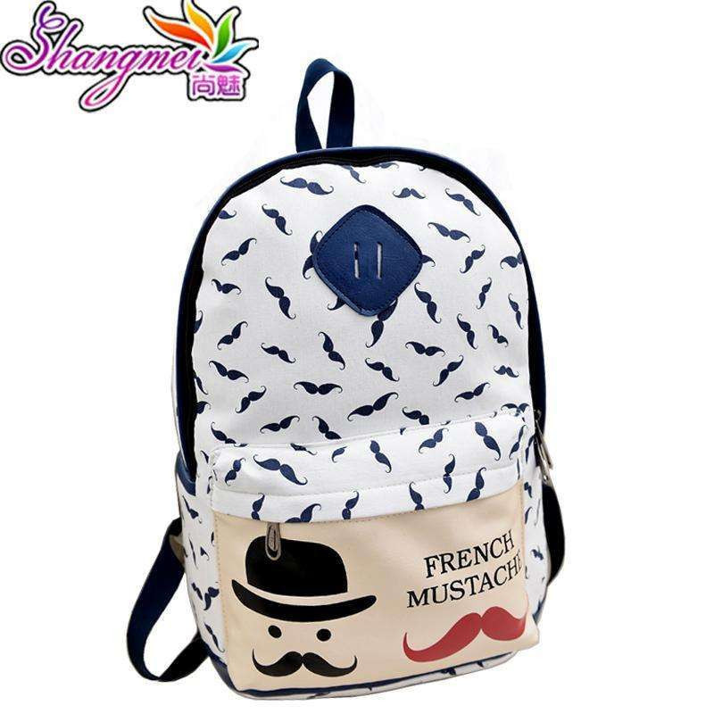 尚魅胡子帆布书包中学生双肩包背包男女韩版潮学院风旅行包电脑包 白色