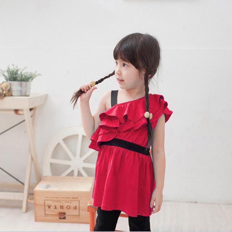 童装夏款 斜肩女童吊带裙 荷叶边纯棉儿童连衣裙 公主裙 玫红色 110码