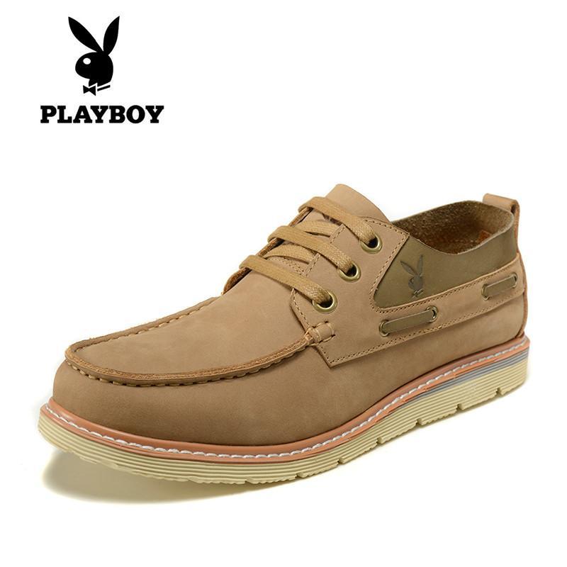 花花公子PLAYBOY男鞋2016春秋季新款英伦时尚头层皮休闲鞋透气潮流板鞋 CX36059 浅卡其色 43码