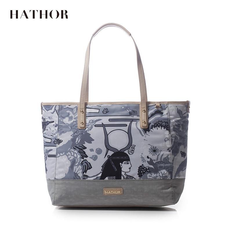 HATHOR女士包包2016秋冬新款时尚女包潮流印花手提包女单肩尼龙包 灰白色