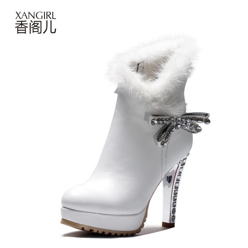 香阁儿 女款靴子秋冬 头层牛皮水钻貂毛高跟细跟短筒短靴女鞋子 白色 37码