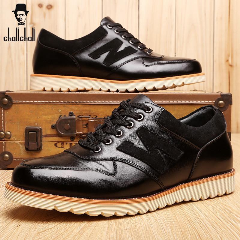 查理新款英伦圆头牛皮男鞋系带时尚字母舒适休闲鞋v10512 黑色 39码