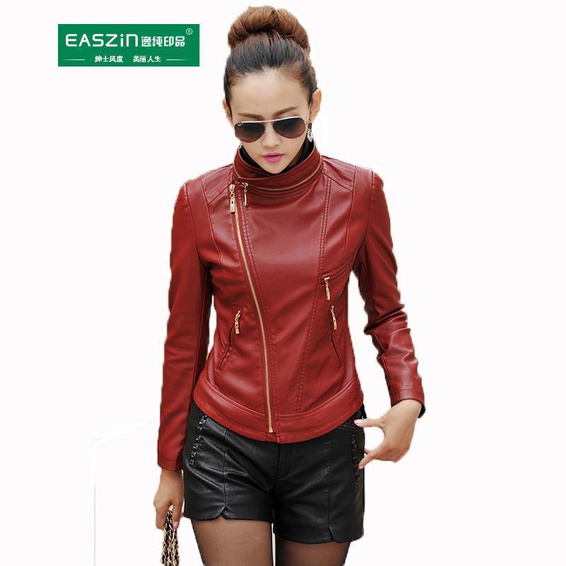 逸纯印品（EASZin）2015新款女士皮衣个性斜拉链可拆卸圆领短款修身皮夹克外套女机车茄克 酒红色 XL