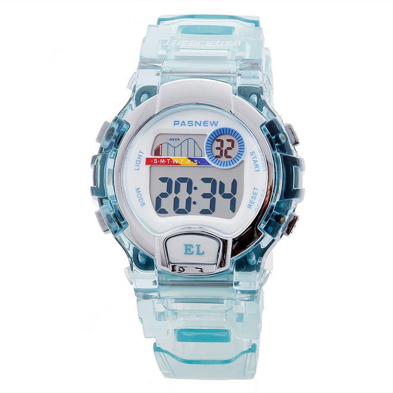 百圣牛（PASNEW）手表 多功能果冻运动表 男女儿童学生电子表 浅蓝