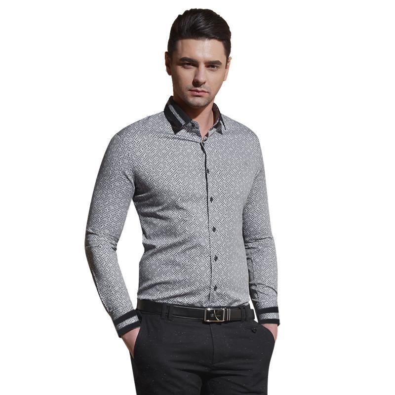 新郎希努尔 2015年春夏新款时尚修身印花拼接领商务男士长袖衬衫f343