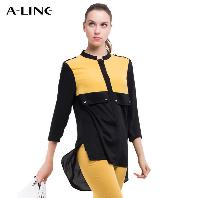 aline阿莱 清爽立领黄黑撞色拼接雪纺衬衫c143006 黄色 36