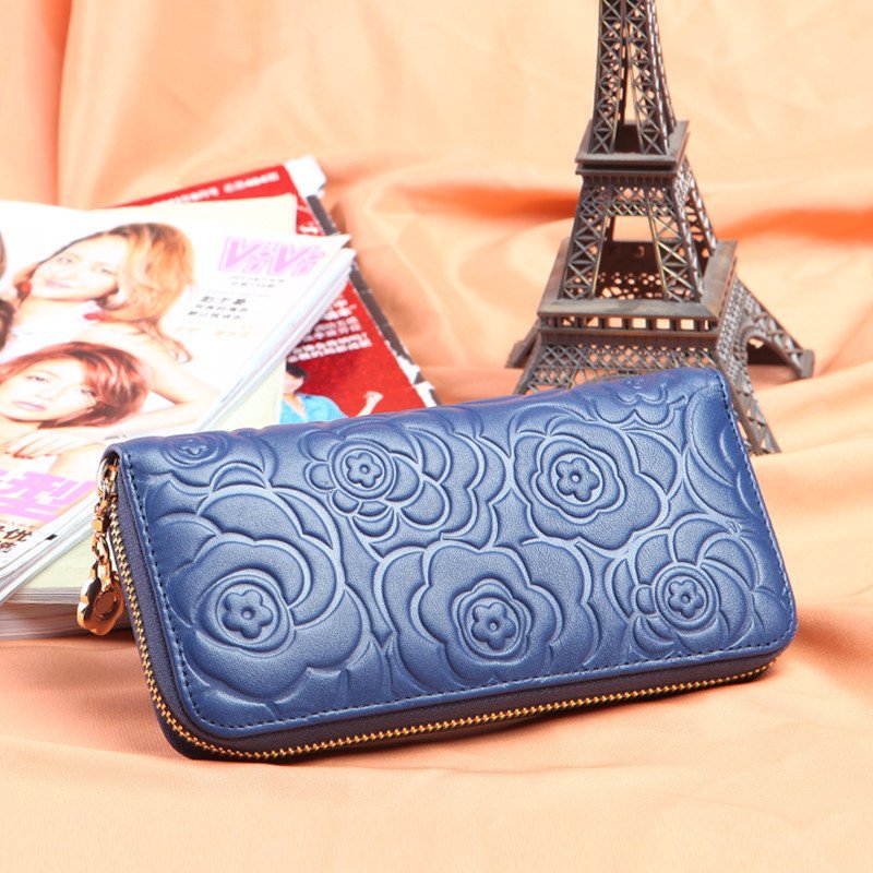 真皮女式复古玫瑰压花钱包smg 蓝色高清实拍图