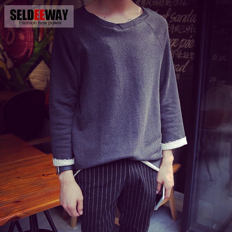 Seldeeway秋装新款日系复古男士纯棉休闲套头卫衣男宽松百搭打底衫潮 XL 深灰色