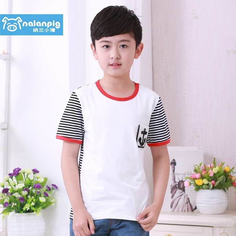 纳兰小猪童装2015男童韩版短袖T恤 110-160 120cm 白色船锚口袋短袖