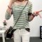 杰雅轩芝 秋装新款韩版女宽松上衣长袖t恤女韩范文艺条纹体恤打底衫国709-8885 L 蓝色