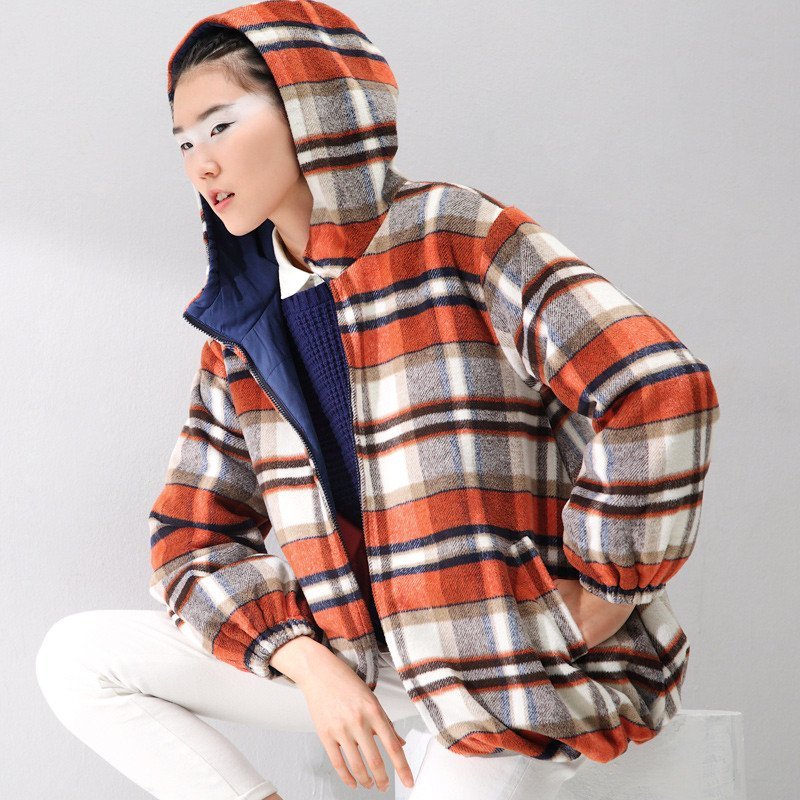 初语 2015秋装新款女装棉衣女短款修身宽松棉连帽服女8440813129