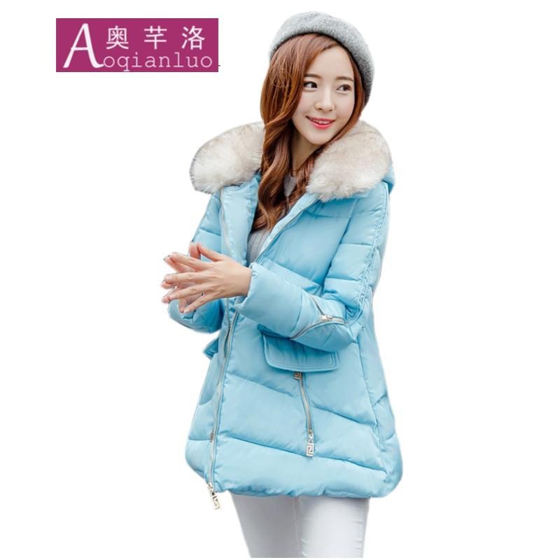 奥芊洛2015秋冬装宽松大码中长款加厚孕妇装羽绒服外套7902 L 蓝色